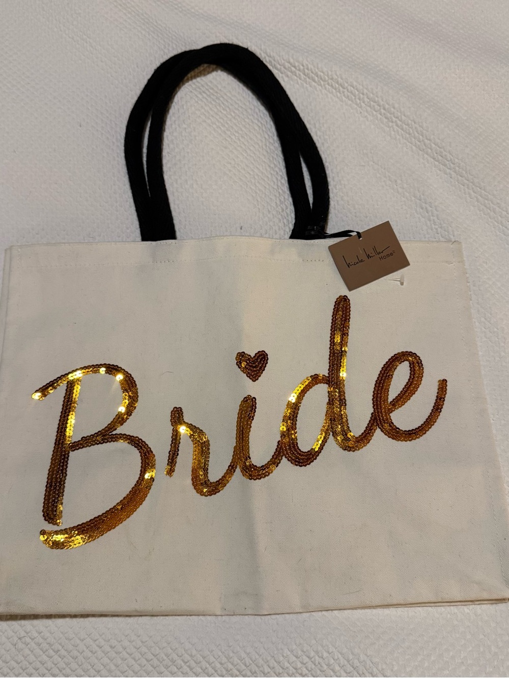 Nicole Miller Ivory Canvas Tote with Gold Sequin "Bride" Script